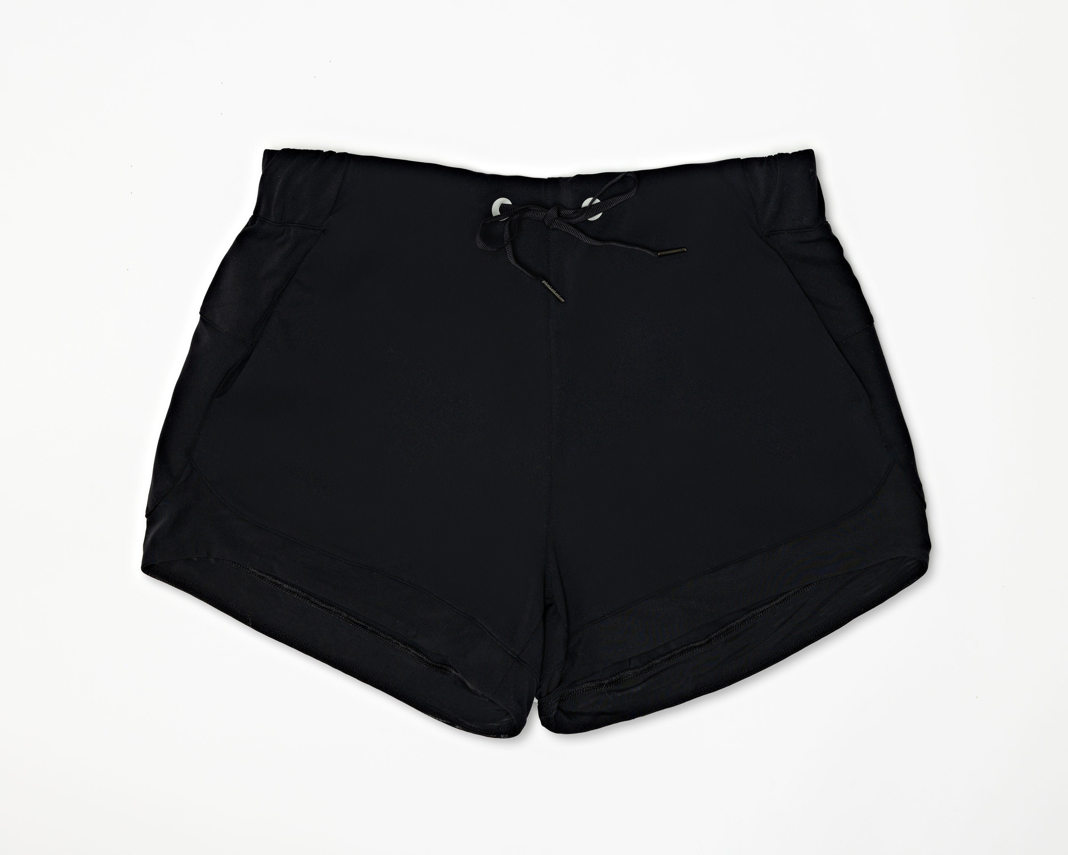 front view of the black colored sporty shorts