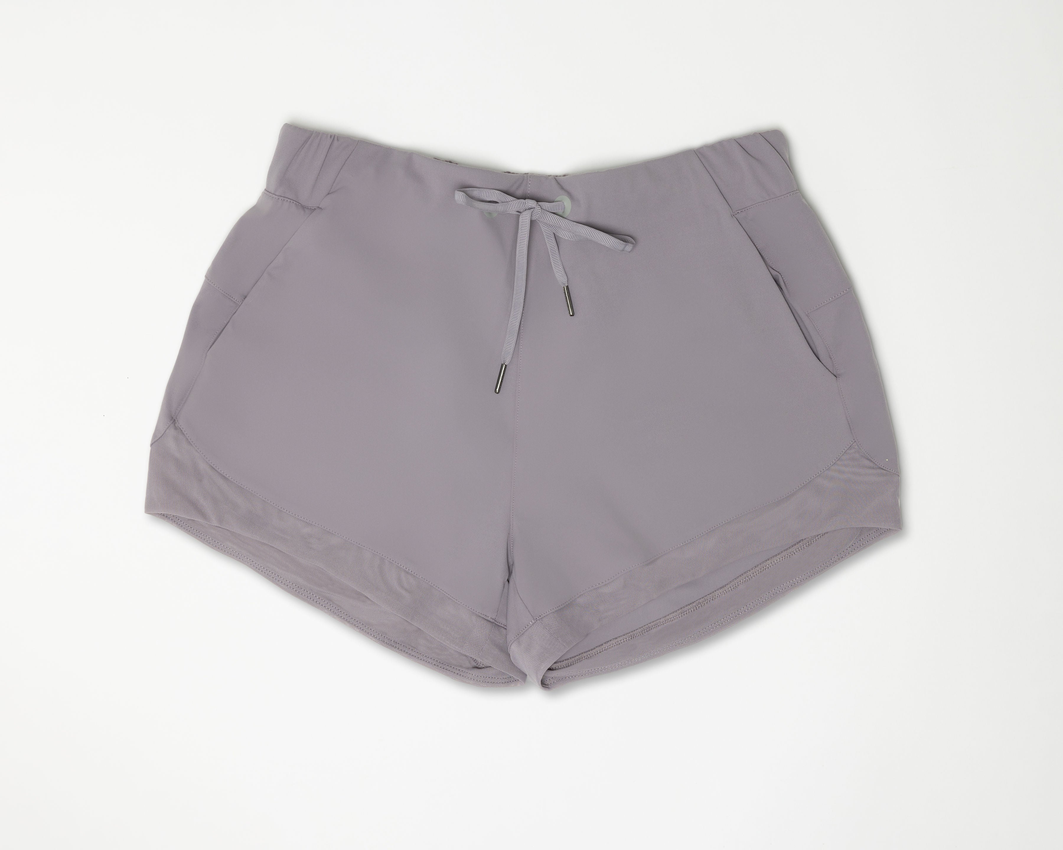 front view of the lilac colored sporty shorts
