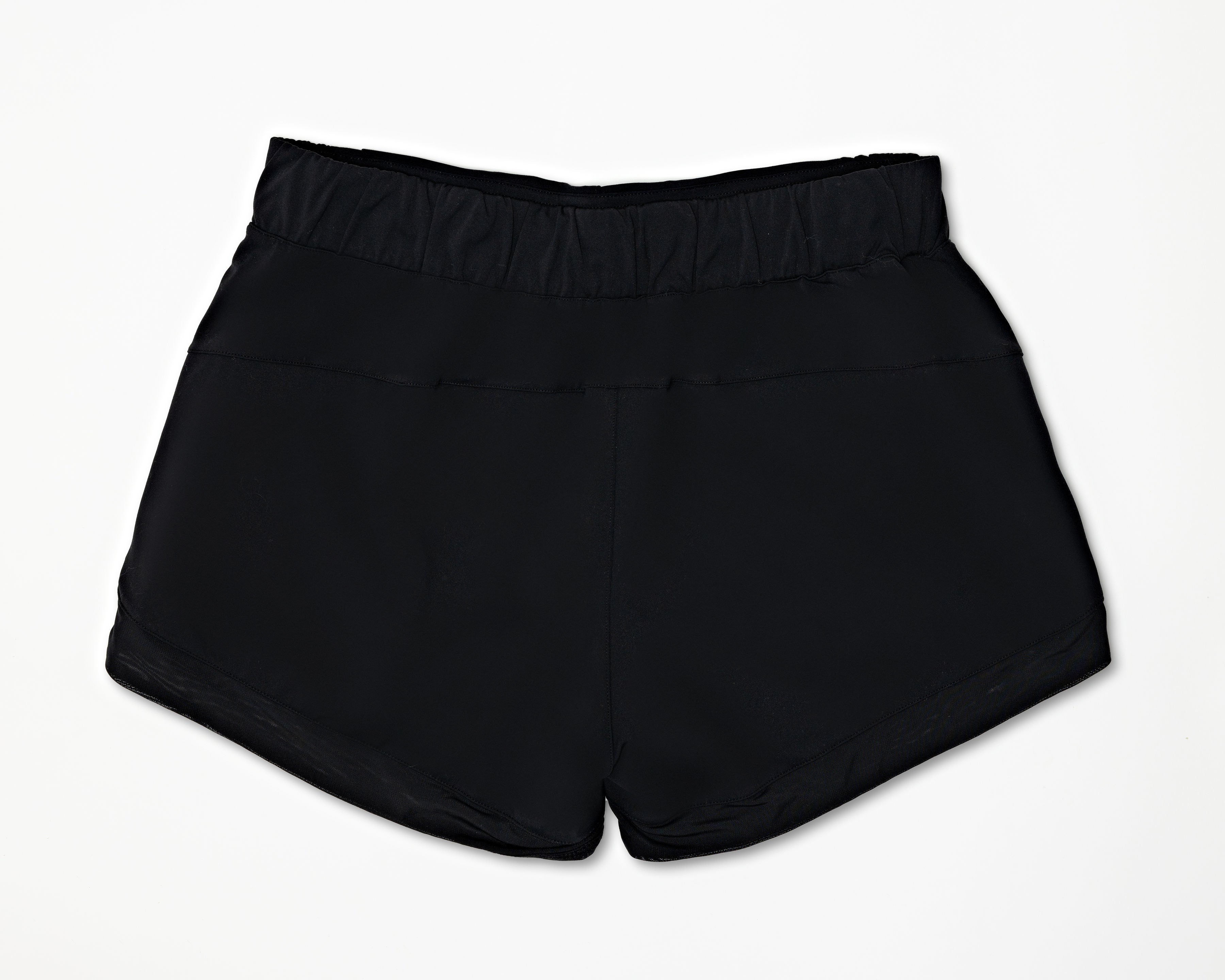 back view of the black colored sporty shorts